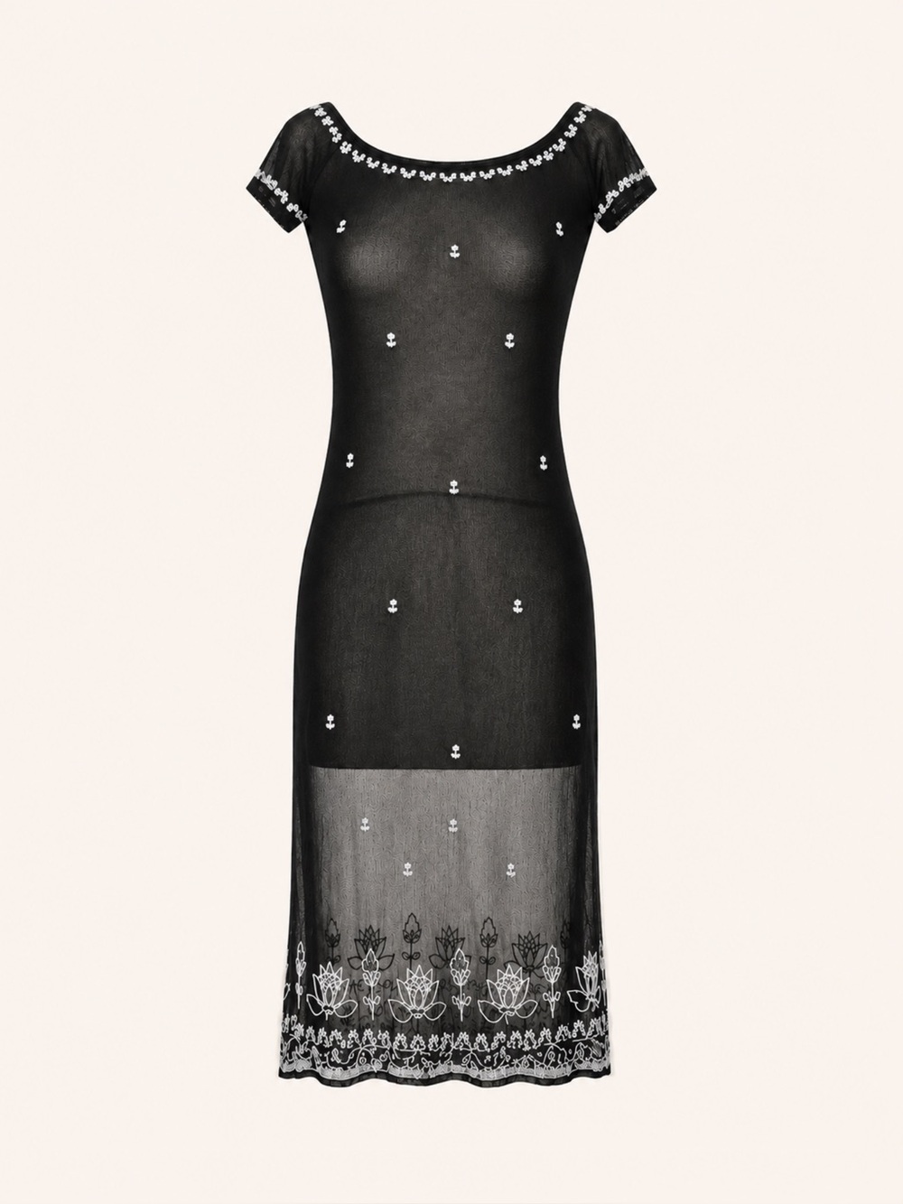 Vivienne Tam Black Sheer Mesh Embroidered Floral Midi Dress Size 1